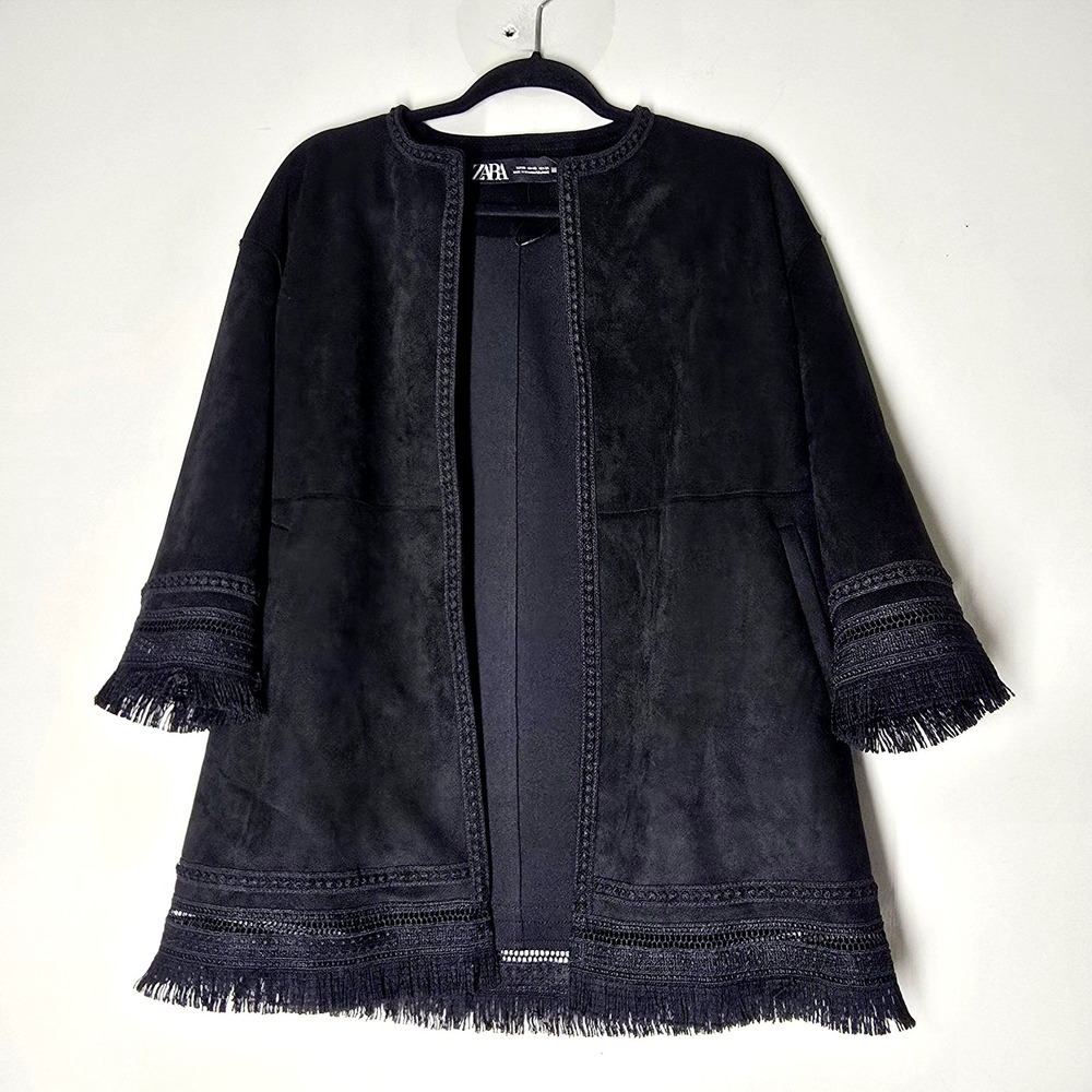 Zara Black Fringe Trim Open Front Jacket‎ XS 3/4 Sleeve Boho Luxe Coat